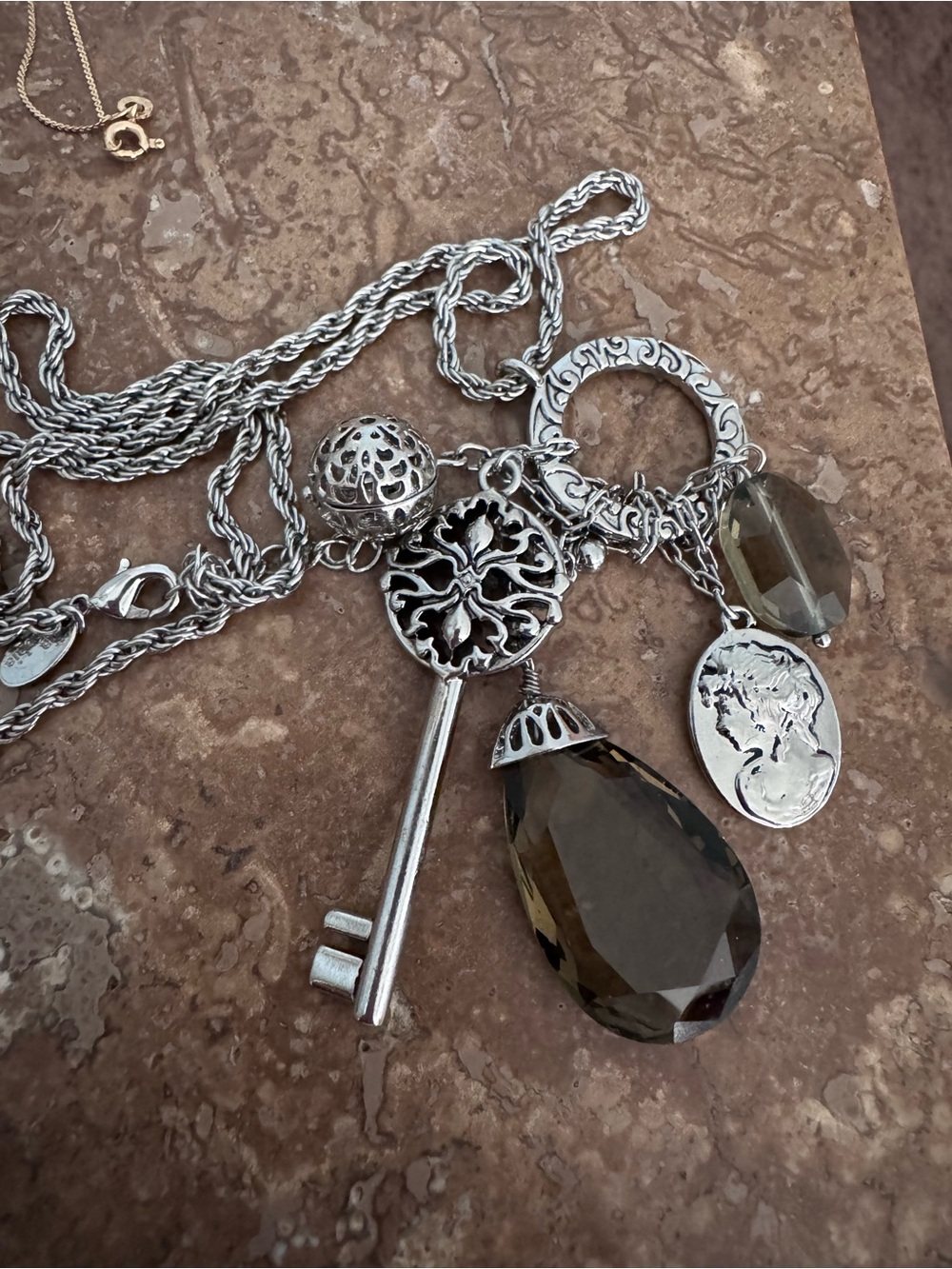 Lia Sophia Reach Key Cameo Smoky Glass Long Charm Necklace